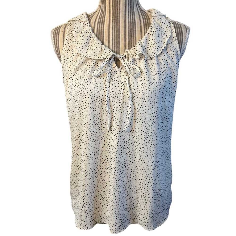LOFT Blouse XXS White Sleeveless Black Dot Tie-Neck Ruffles Lightweight Summer